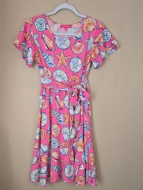Simply Southern - Pink Seashell Print Belted Fit-and-Flare Dress